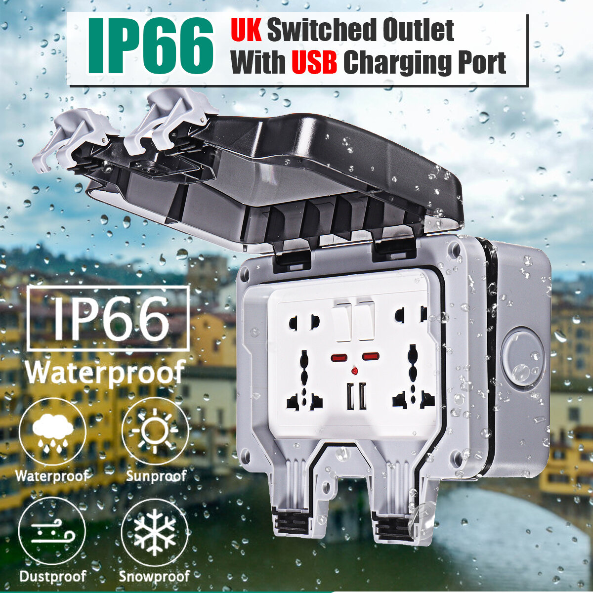 IP66 weerbestendige BOX-wandcontactdoos 13A dubbel universeel / VK geschakeld stopcontact met USB-op