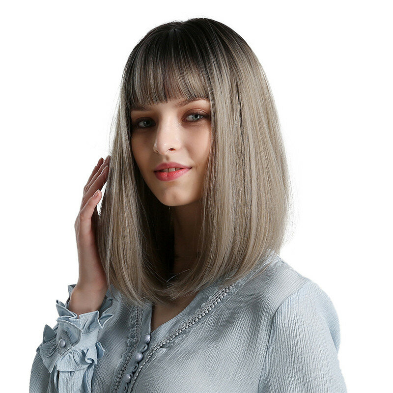 Synthetic Wigs for Woman Black Ombre Grey Burgundy Blonde Silver Brown African American Yaki Striaght Bob Wig