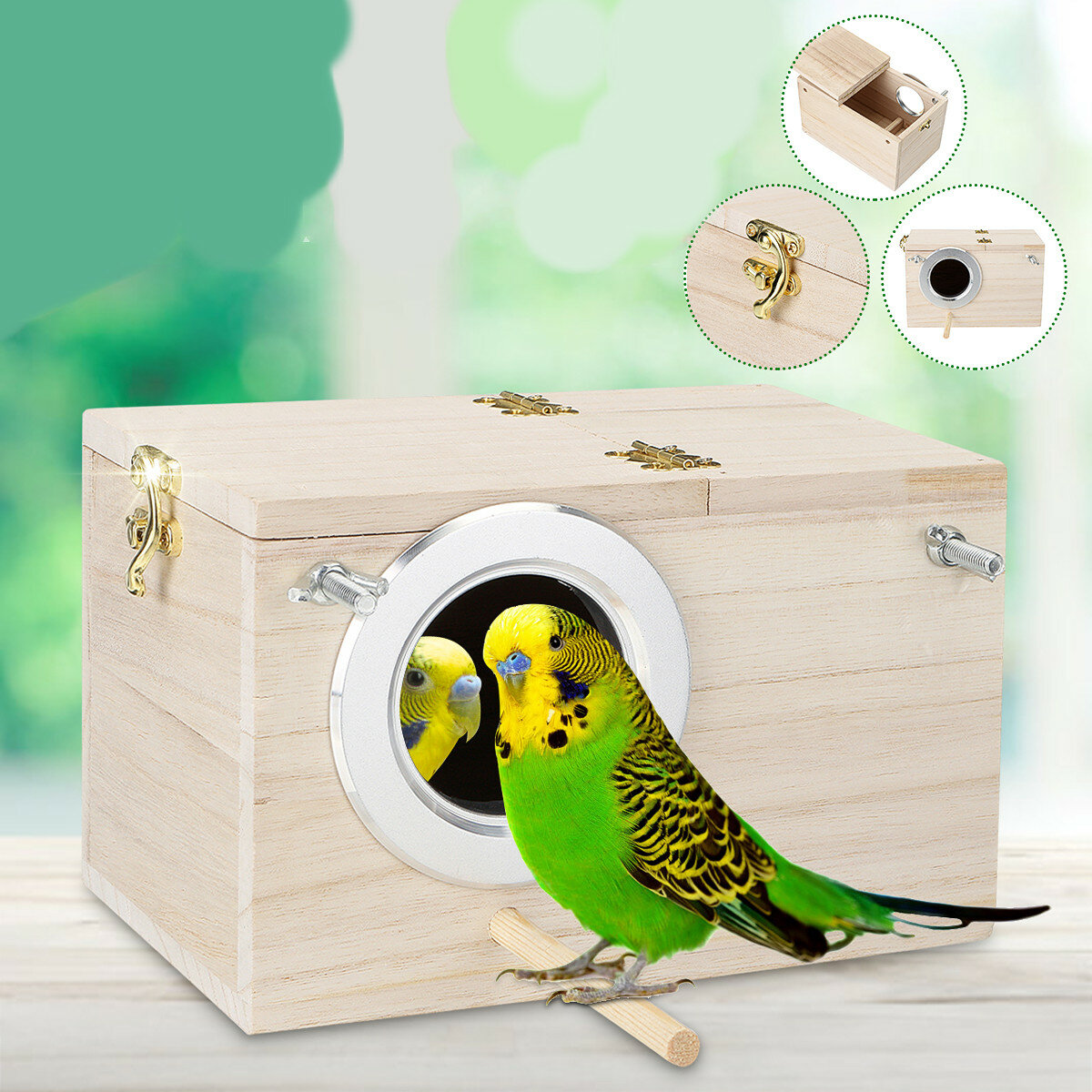 Budgie Wooden Box Breeding Boxes Aviary Bird House Nesting w/ Stick Window Security Pet Supplies Home Sleeping Cage