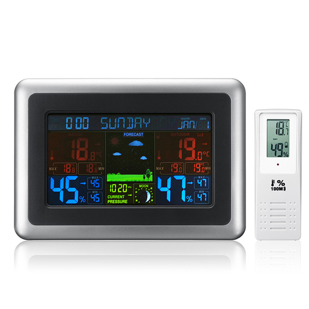 

Wireless Color Display Weather Station Clock with Indoor and Outdoor Temperature Humidity Detection Time Alarm Weather F