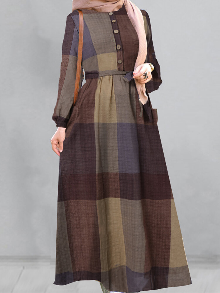 Women Plaid Half Button Kaftan Robe Belted Maxi Dresses With Pocket