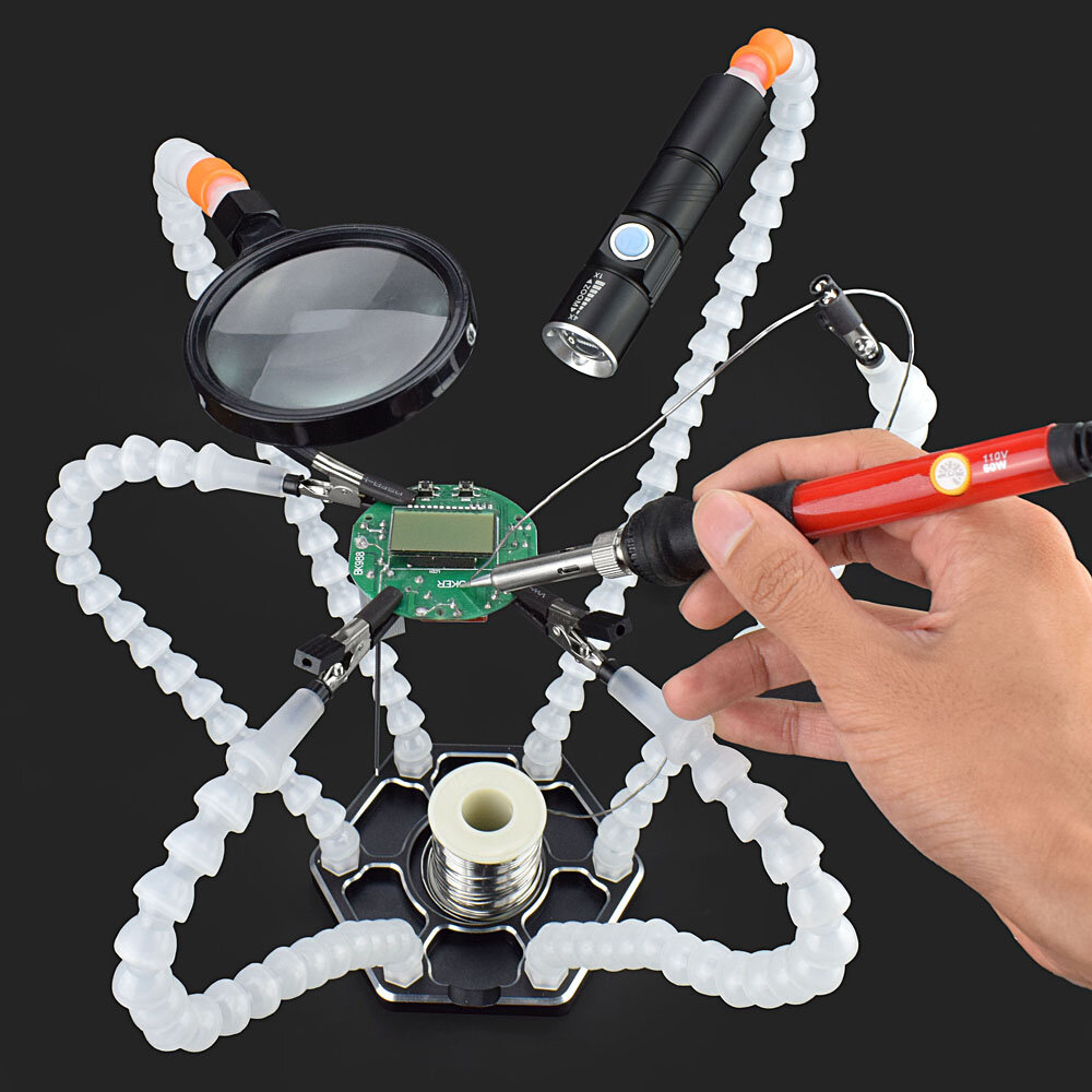 

NEWACALOX 6 Flexible Arms Soldering Vise Helping Hands Third Hand PCB Repair Fixture with Magnifying Glass Lens & LED Fl