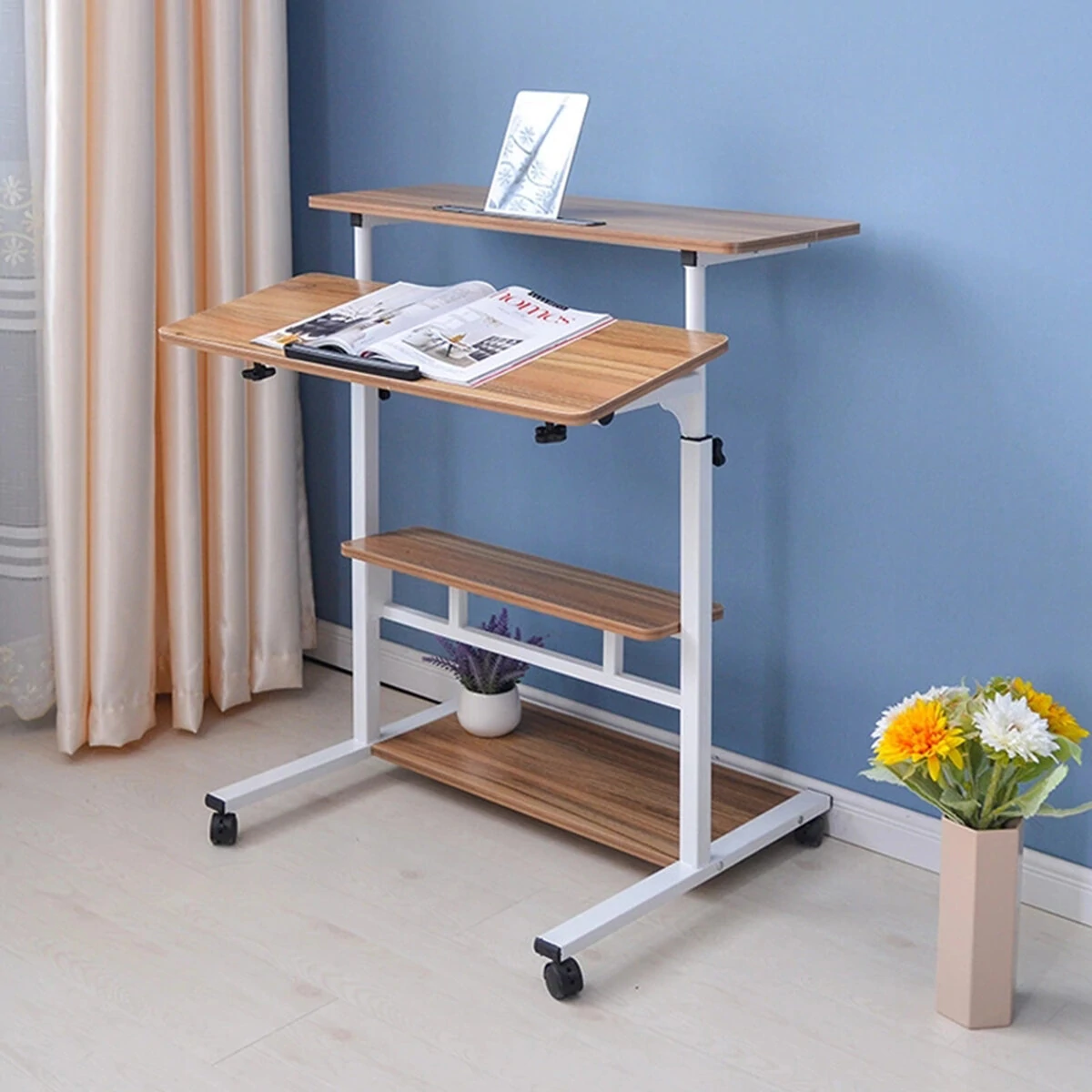 Computer Laptop desk Height Adjustable Table Movable Rolling Stand-Up Table Workstation Home Office Furniture - Wood