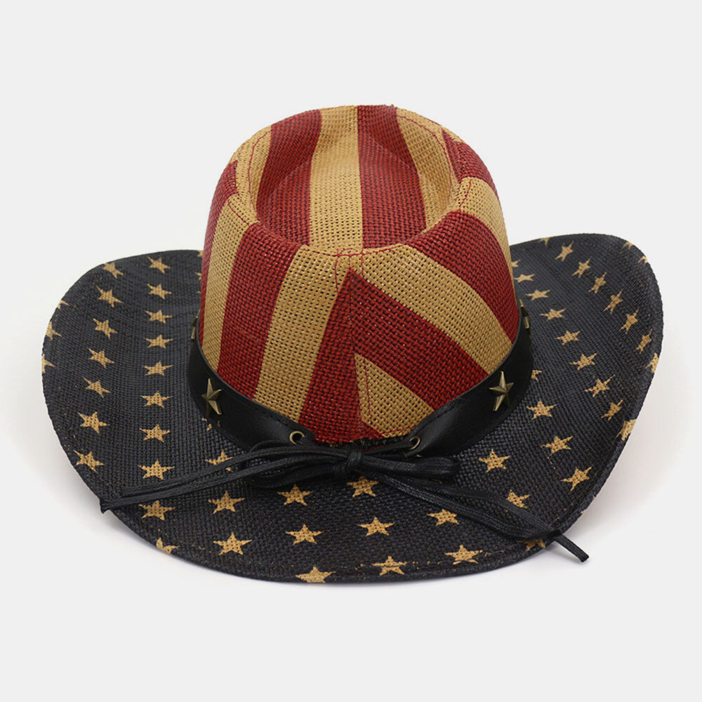 Vintage Amerikaanse vlag Westren Cowboy stijl Panama hoed zomer Prairie stro hoed voor mannen
