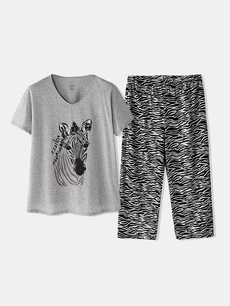 Plus Size Women Home Cotton Zebra Print V-Neck Short Sleeve Pajama Set