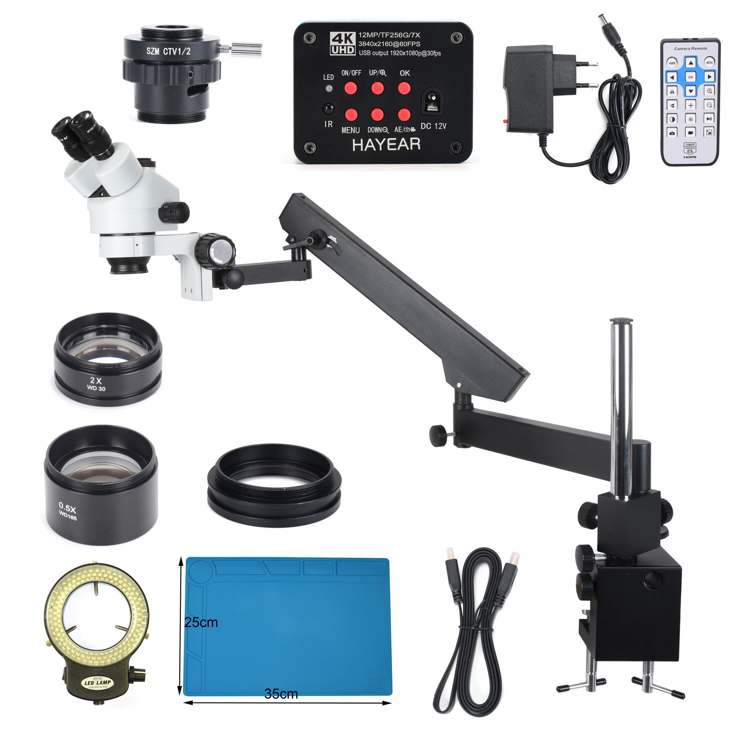 

HAYEAR 3.5X-90X Опора с шарнирным рычагом Зажим Zoom Simul Focal Trinocular Stereo Microscope + 4K HDMI Microscope камер