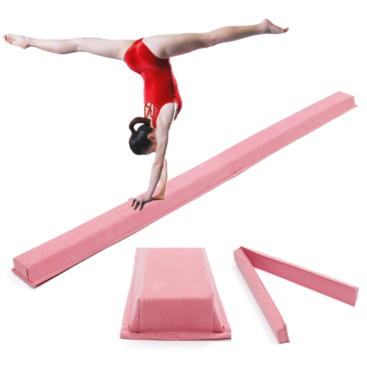 Roze professionele gymnastiek balans mat voor volwassenen en kinderen van 94,5x5,9 inch voor vaardigheidstraining en prestatieverbetering.