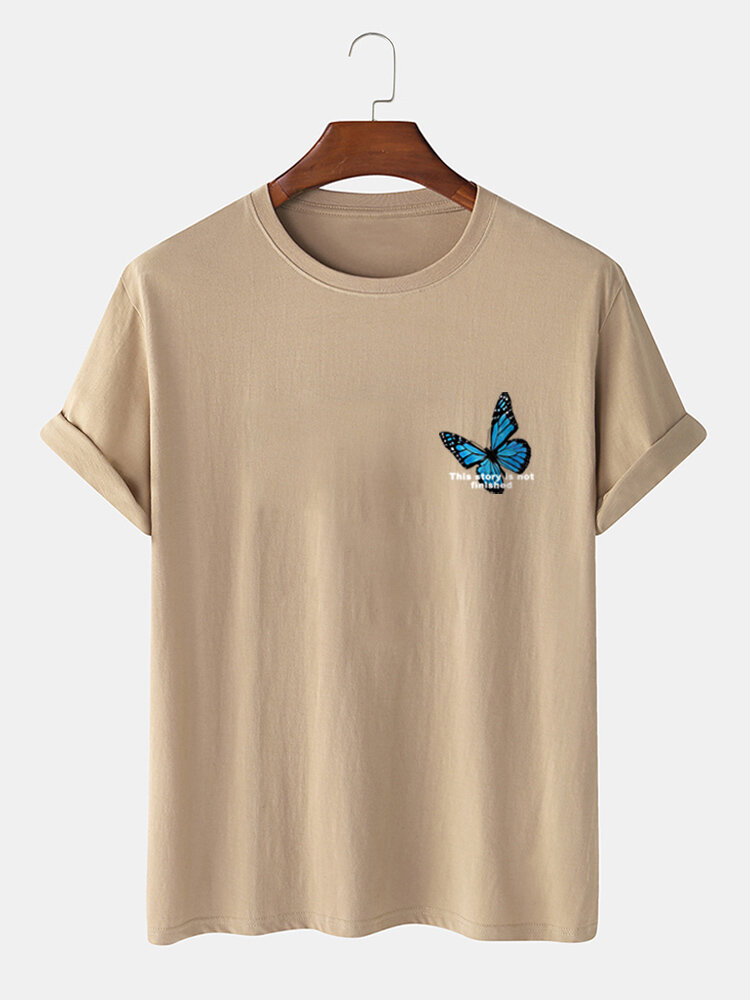 Mens 100% Cotton Butterfly Letter Graphics Short Sleeve T-Shirts