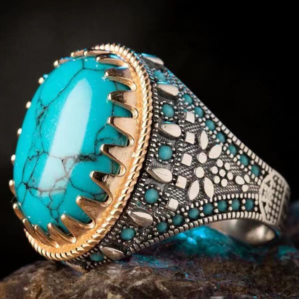 JASSY 1 Pcs Vintage Tweekleurig Gegraveerd Patroon Turquoise Legering Ring