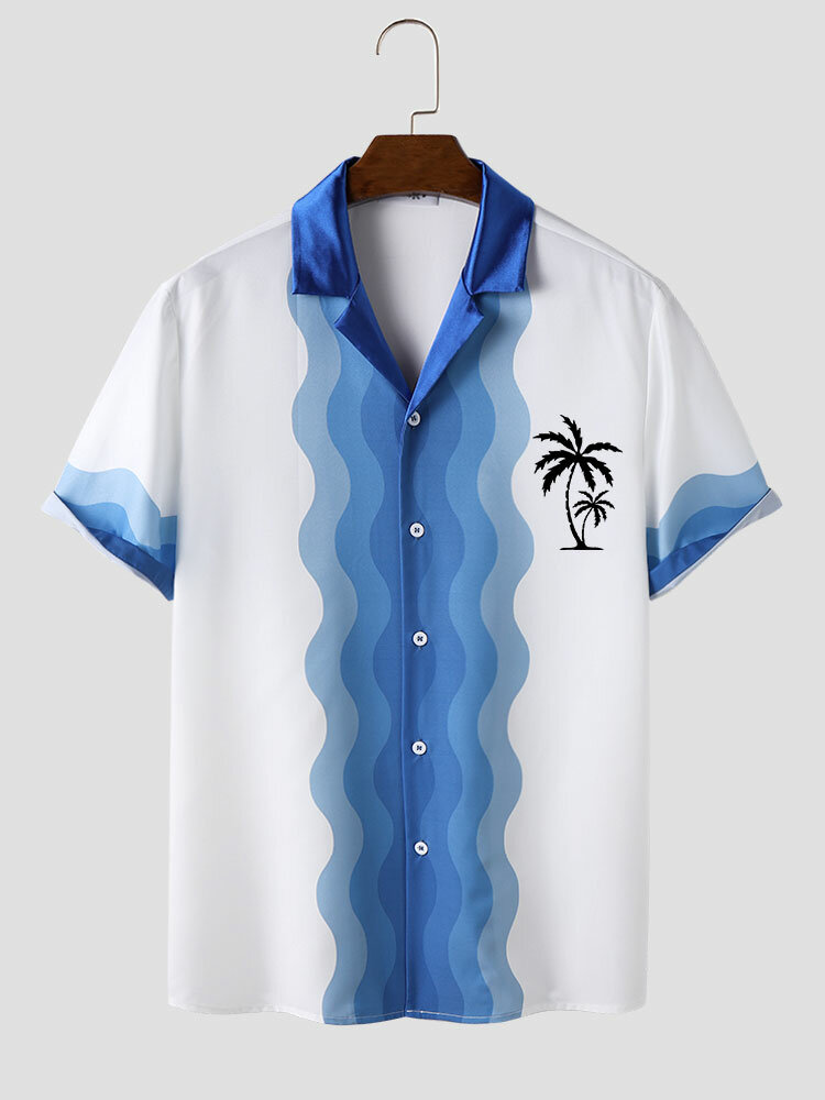 

Mens Coconut Tree Wave Striped Print Revere Collar Short Sleeve Shirts