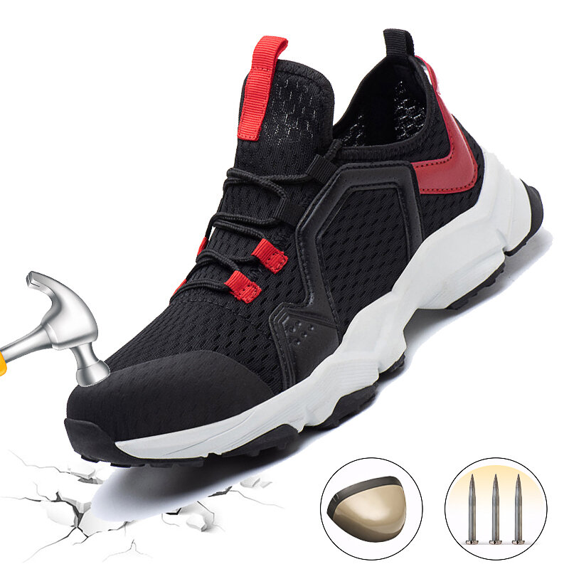 Erkek Çelik Burunlu Güvenlik Ayakkabıları Mesh Nefes Alabilen Ultralight Kaymaz Sneakerlar Açık Koşu Yürüyüş Koşu Ayakkabıları