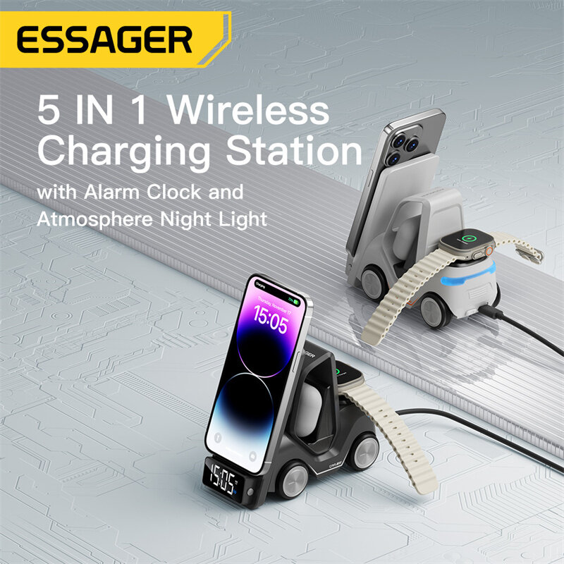 

ESSAGER T20 15W Desktop Car-shaped Wireless Charger with Alarm Clock & Night Light Fast Wireless Charging Station for Sm
