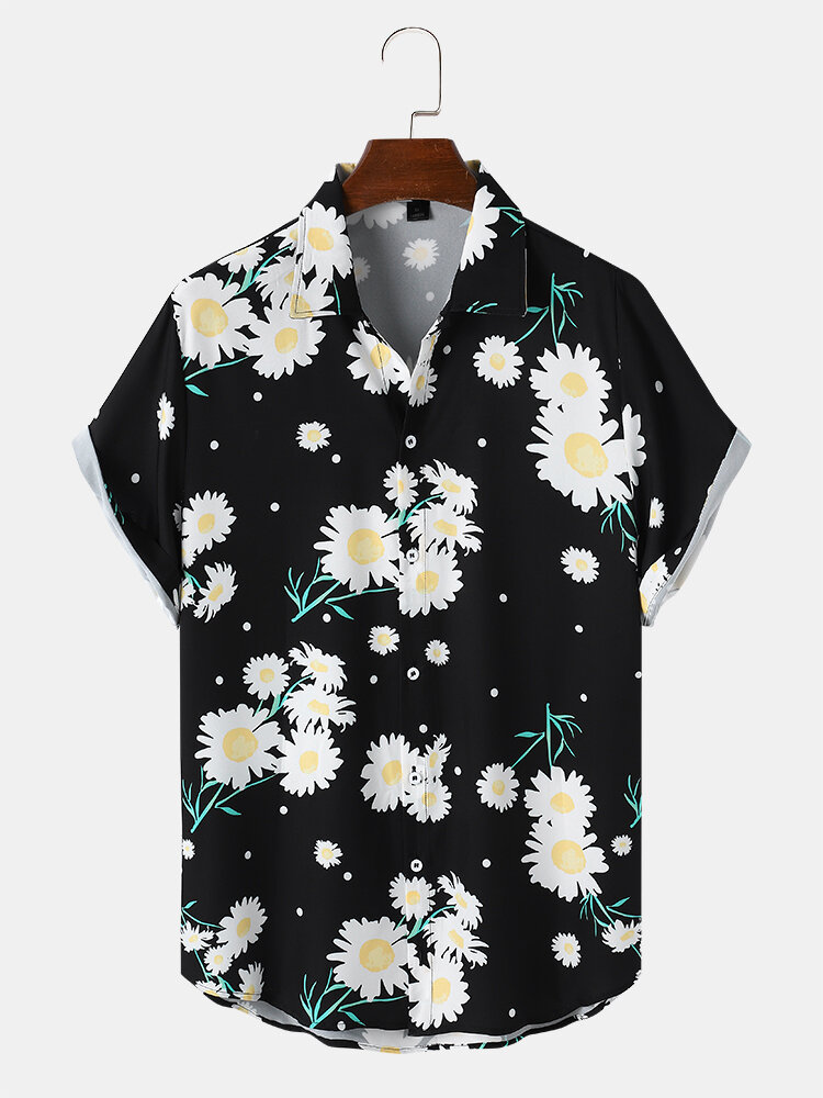Mens Holiday Daisy Floral Print Button Up Short Sleeve Black Shirts
