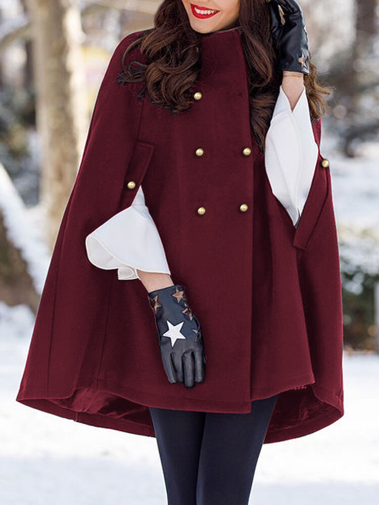 Women Solid Color Pleats Double Breasted Cloak Decorative Button Turn-Down-Collar Casual Coats