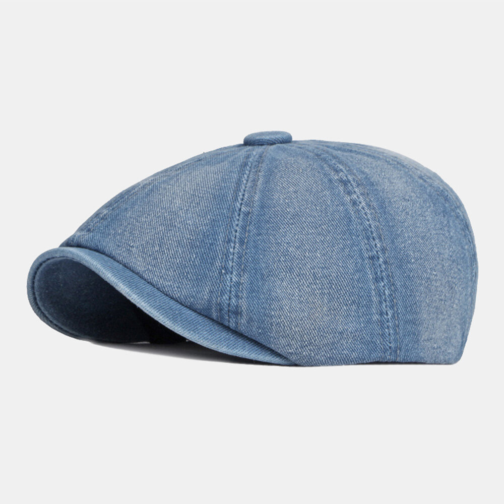 Men Washed Denim Back Elastic Band Design Adjustable Octagonal Hat British Retro Short Brim Newsboy Hat Flat Hat Painter