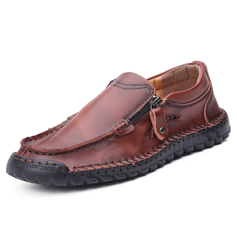 55% OFF on Men Hand Stitching Leather Soft Side Zipper Business Casual Slip On Flat Shoes