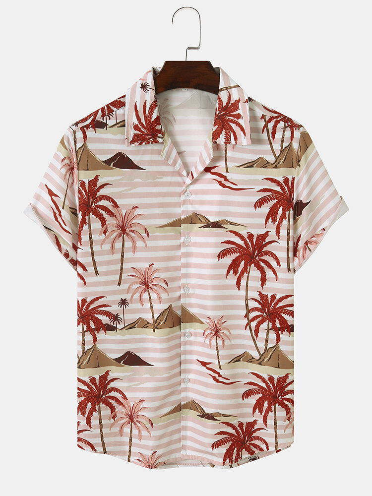 Men Striped & Landscape Print Beachwear Soft Comfy Breathable All Matched Shirts
