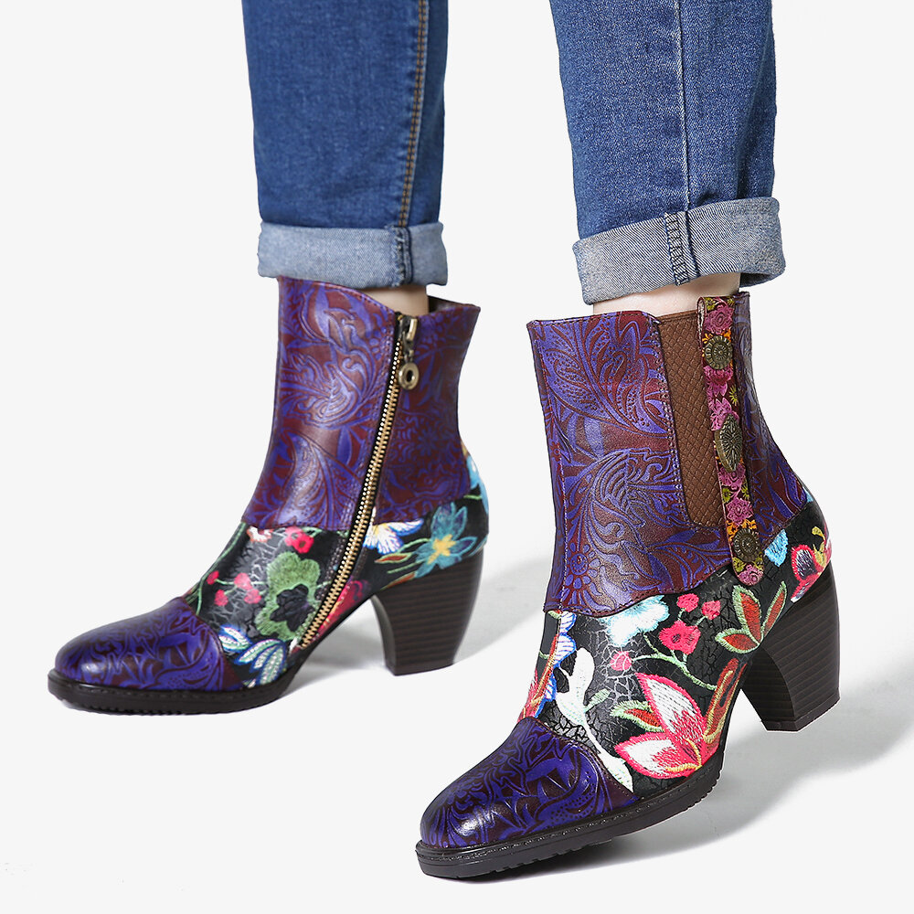 

SOCOFY Ladies Splicing Floral Pattern Round Toe Warm Lined Zipper Mid-calf Chelsea Boots