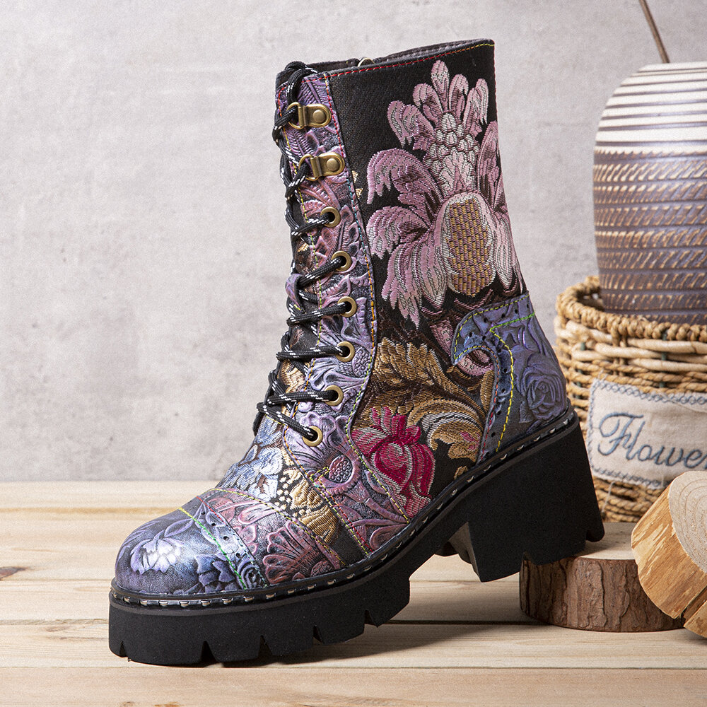 Socofy Women Genuine Leather Retro Flowers Embroidery Mid-tube Boots