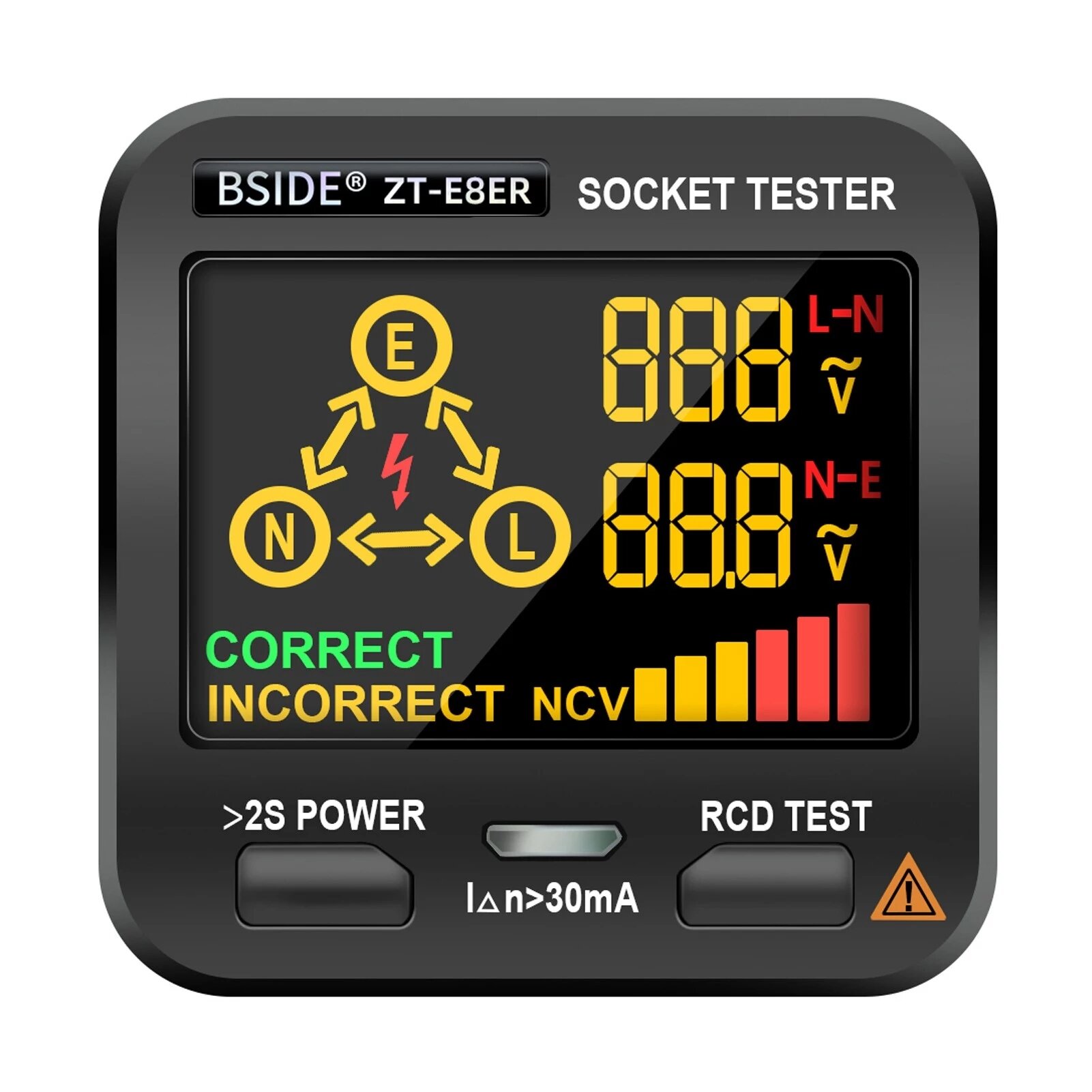 BSIDE Stopcontacttester Uitgangstester Digitaal LCD-scherm met NCV-test RCD-test Polariteitstest Ele