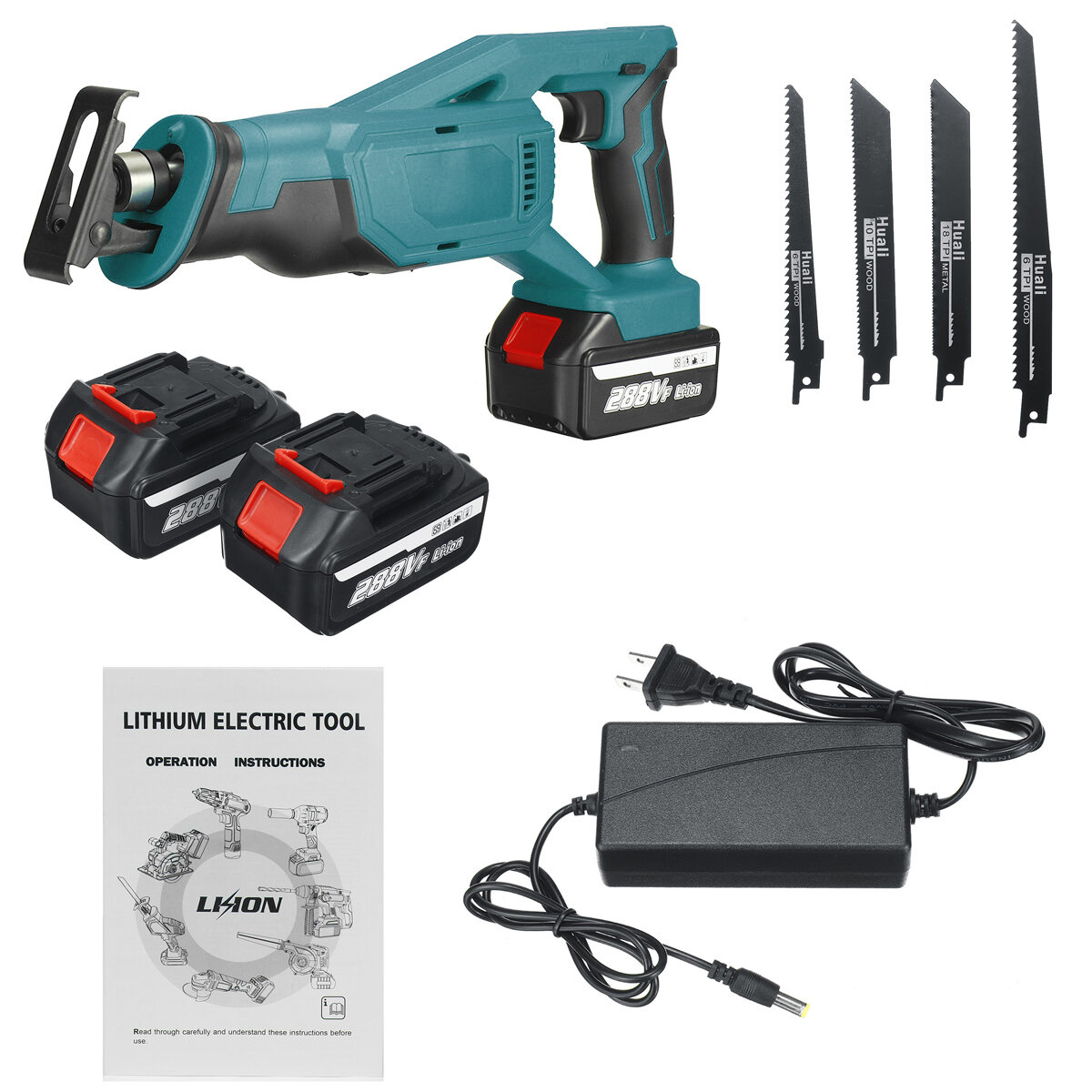 288VF Cordless Reciprocating Saw Rechargeable Electric Recip Sabre Saw W/ 4pcs Blade & 2pcs Battery 
