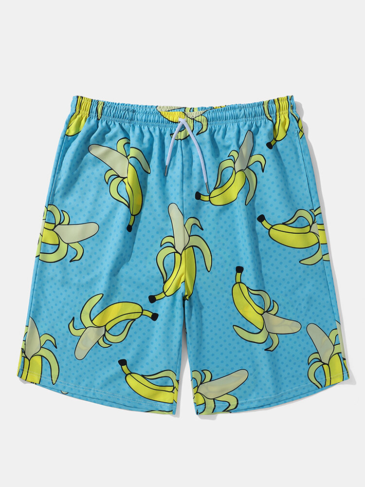 Men Allover Bananas Print Board Beachwear Loose Fit Wide Legged Shorts