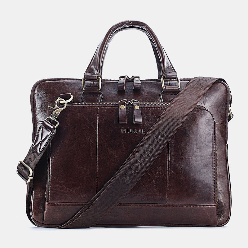 Men Genuine Leather Multi-pocket Handbag Teacher Bag Retro Large Capacity 14 Inch Laptop Bag Crossbody Shoulder Bags