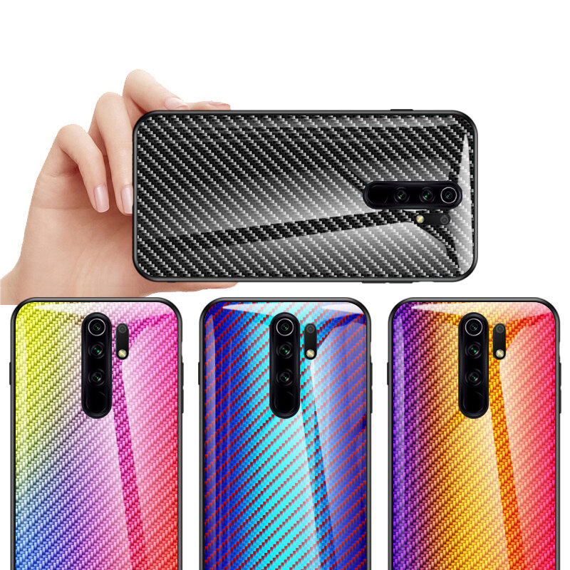 Bakeey for Xiaomi Redmi 9 Case Carbon Fiber Pattern Gradient Color Tempered Glass Shockproof Scratch