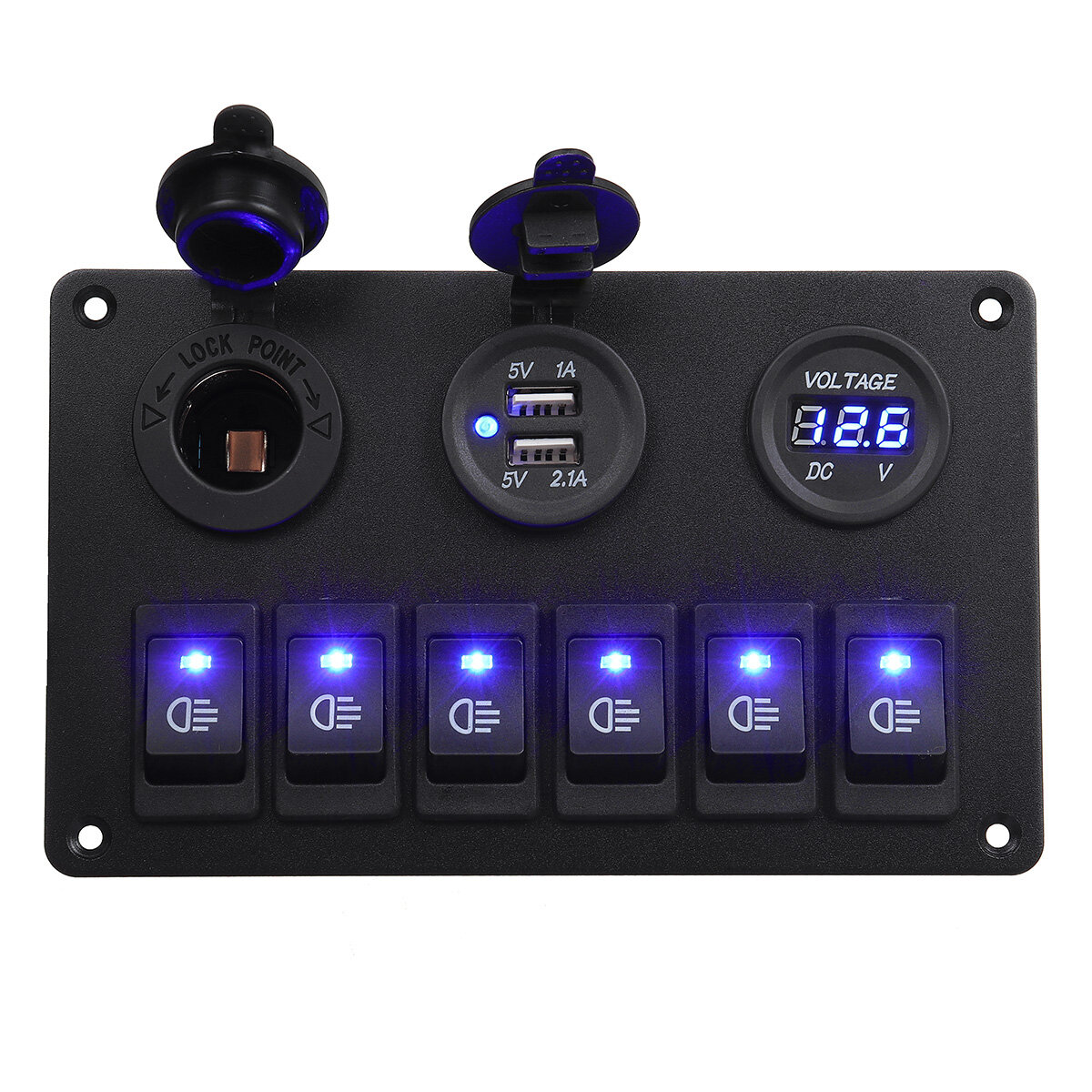 6 Gang Blue LED Rocker Switch Panel Car Marine Boat Circuit Dual USB Waterproof