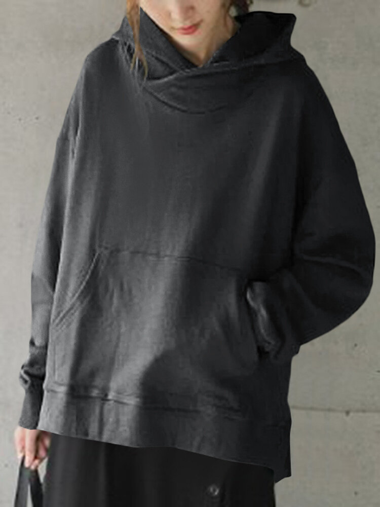 Solide eenvoudige voorzak loose fit hoodie met split zoom voor dames