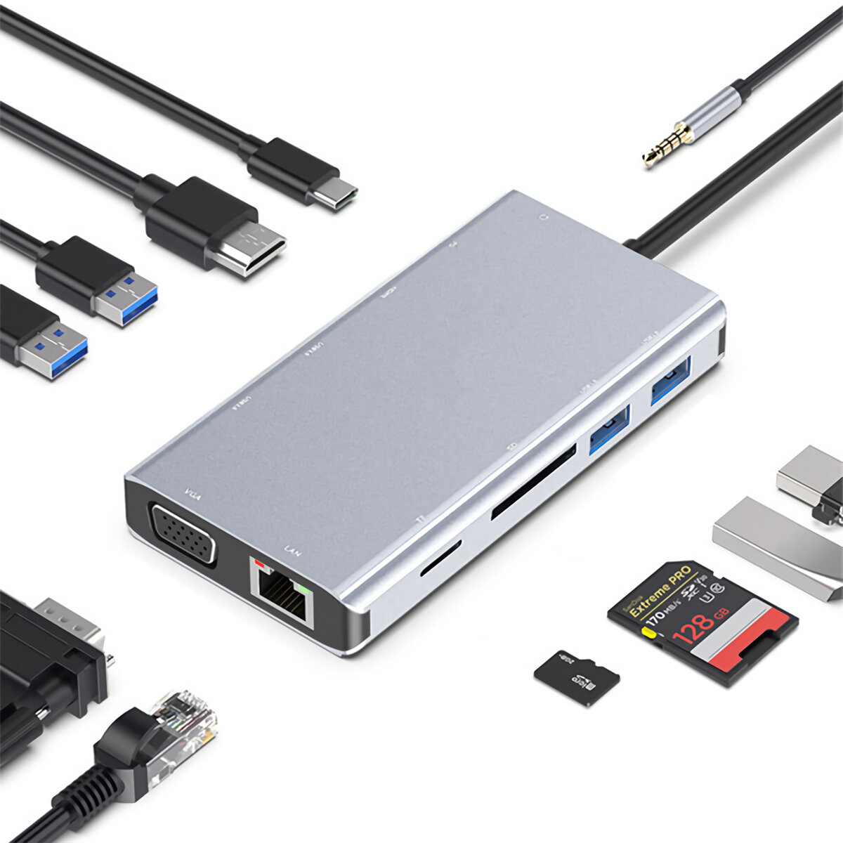 

Концентратор данных 11-в-1 USB-C Type-C Док-станция 4K @ 30 Гц HDMI-совместимый гигабитный сетевой порт VGA Разъем 3,5 м