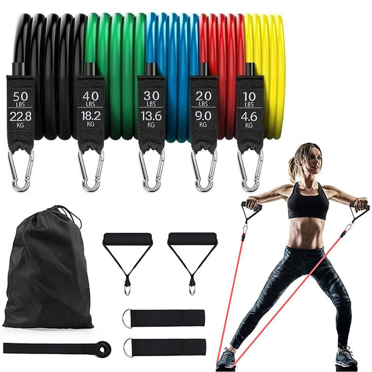 11pcs/Set 150lbs Pull Rope Exercise Resistance Bands For Home Gym Yoga Fitness 