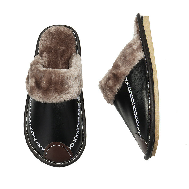 Мужские зимние Тапки Кожаные удобные теплые туфли Противоскользящие домашние туфли на плоской подошве
