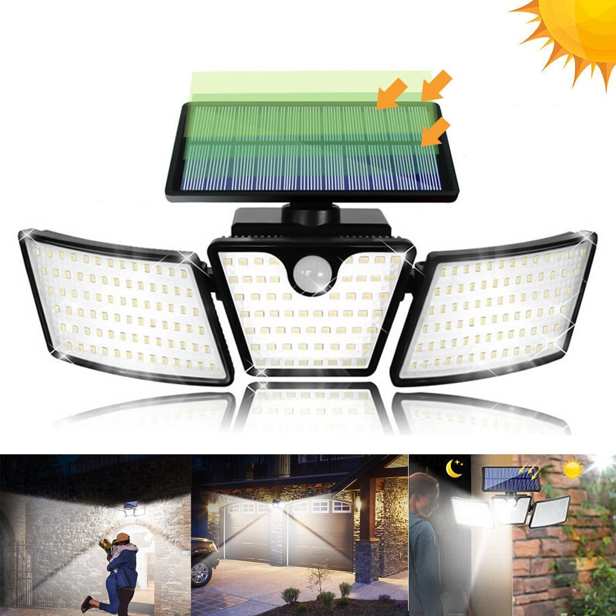 265LEDs 3 Head Solar Motion Sensor Light Outdoor Garden Wall Security Flood Lamp