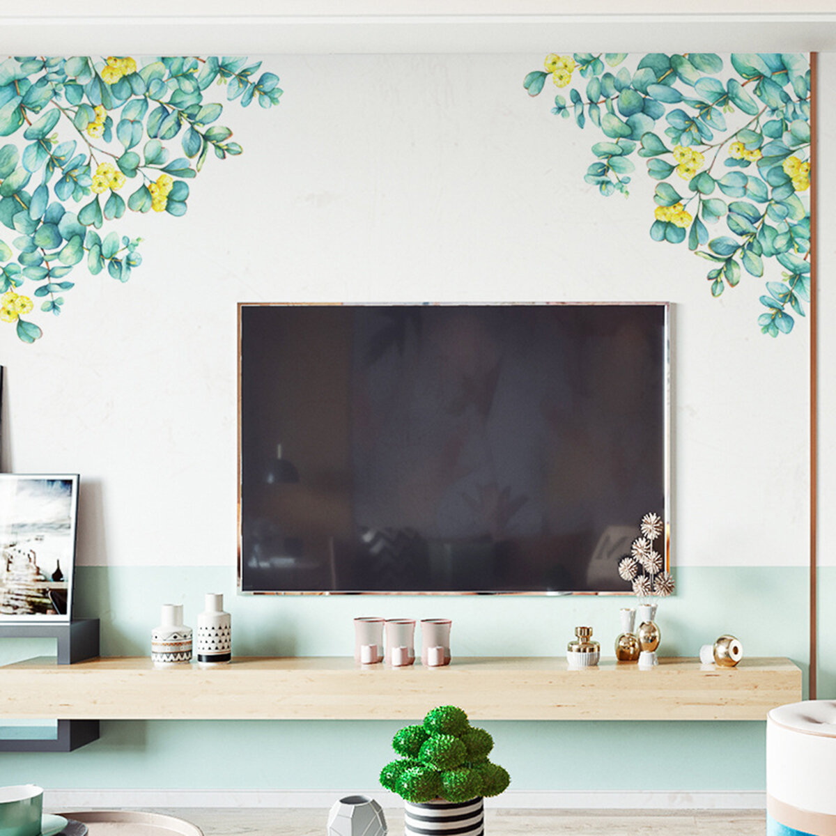 

HOMEYAN FX-C10 диагональный зеленый Лист желтый цветок стикер стены наклейки декор съемная наклейка украшение для домашн