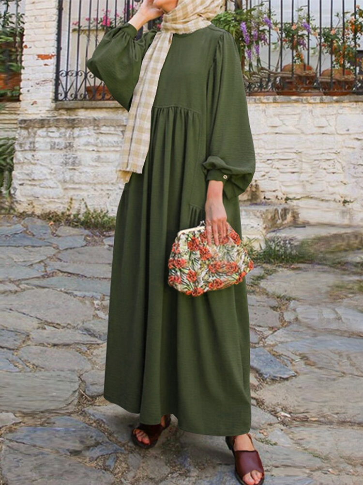 Women Retro Solid Puff Sleeve Hollow Out Collar Abaya Kaftan Pleated Maxi Dress