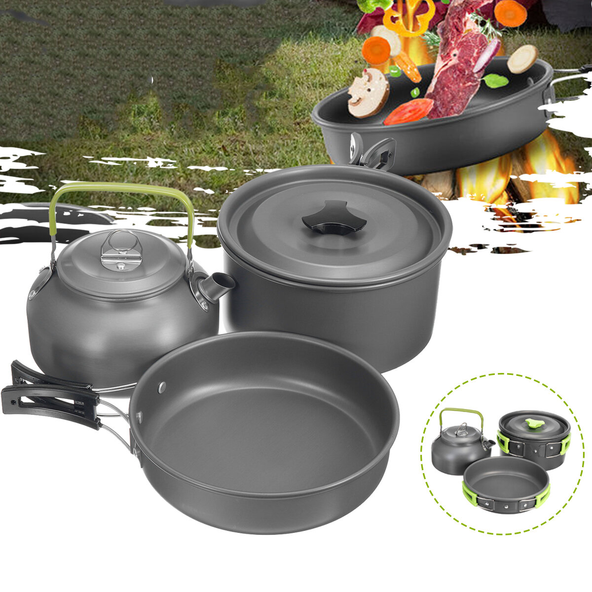 Ensemble de 3 casseroles de camping, ustensiles de cuisine, bouilloire, ensemble en alliage d'aluminium portable pour le camping, la pêche et les voyages.