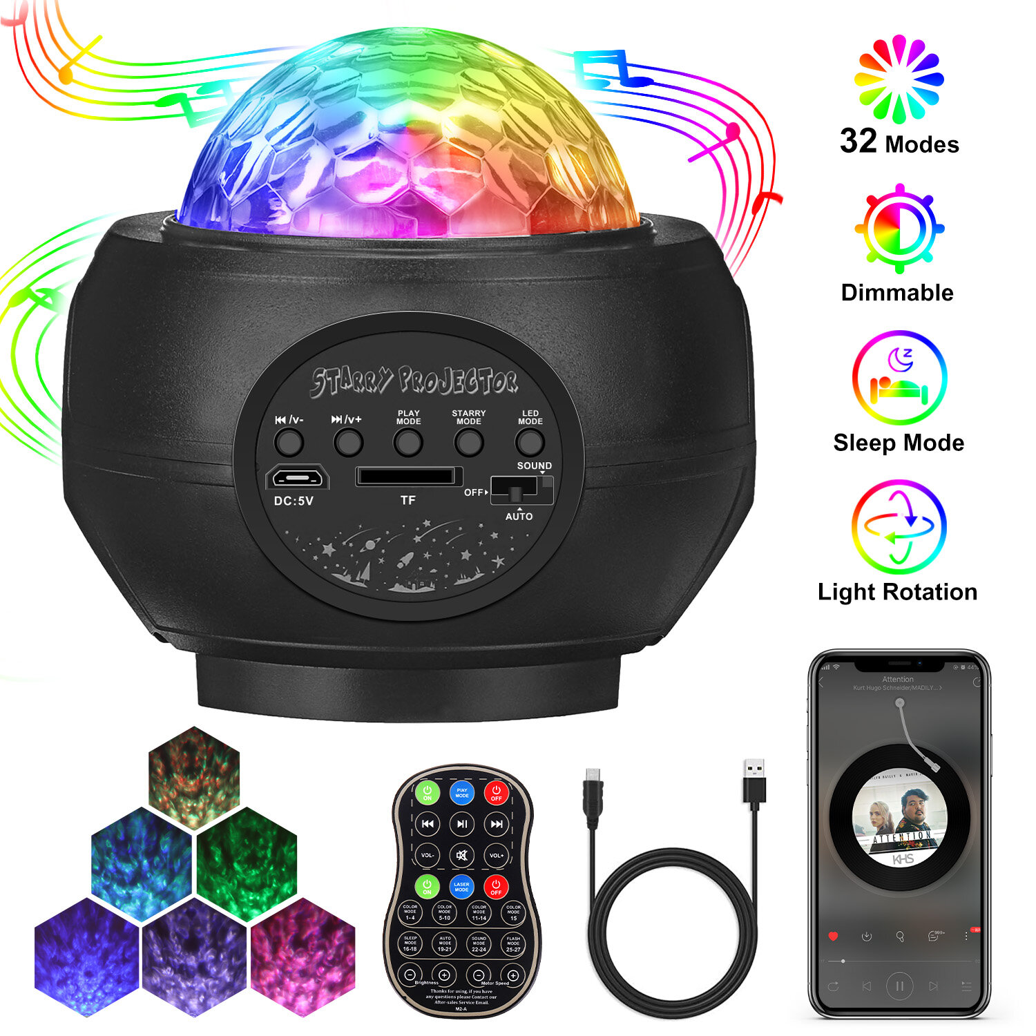 

Star Night Light Projector, AMBOTHER 3 in 1 Ocean Wave Starry Galaxy Projector with Music Speaker, Sound Sensor, Remote