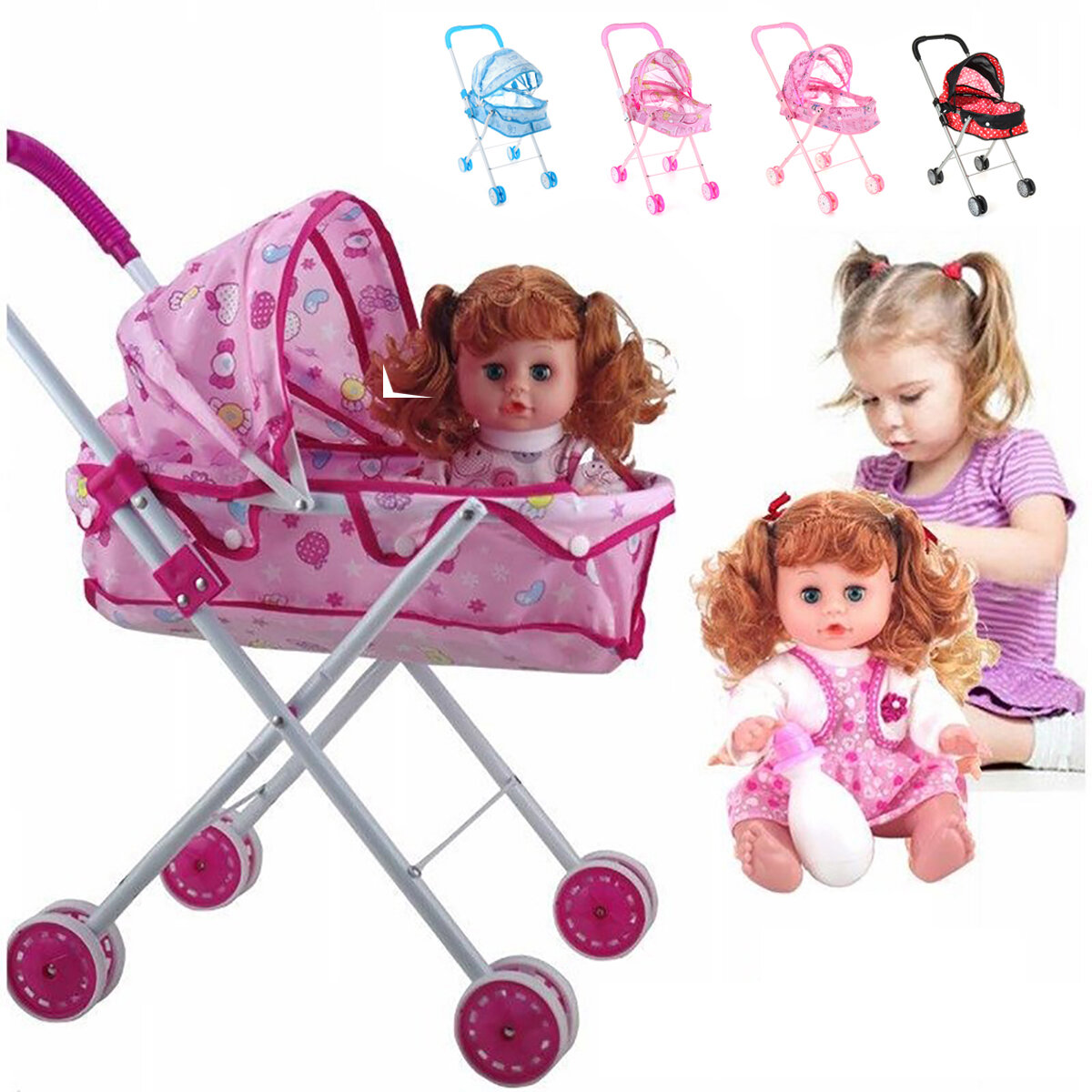 Babypop wandelwagen opvouwbare pop trolley kinderen walker speelgoed