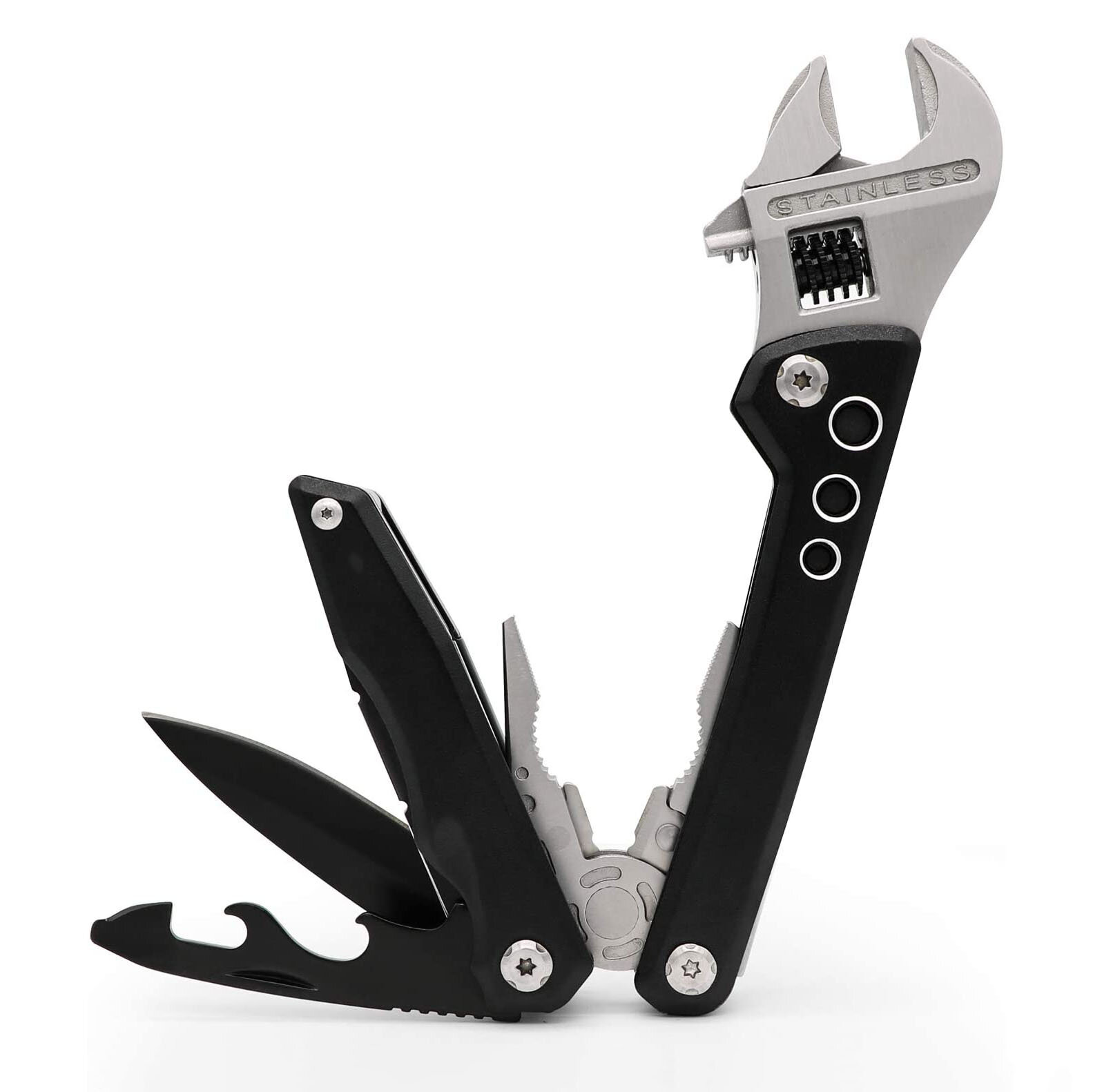 HUOHOU 7 in 1 Folding Multifunction Tool Adjustable Spanner Multi Tool with Screwdriver Plier Wire Cutter Knife Bottle O