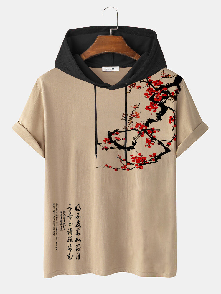 Pruimbossom-karakterprint voor heren, contrasterende T-shirts met korte mouwen en capuchon