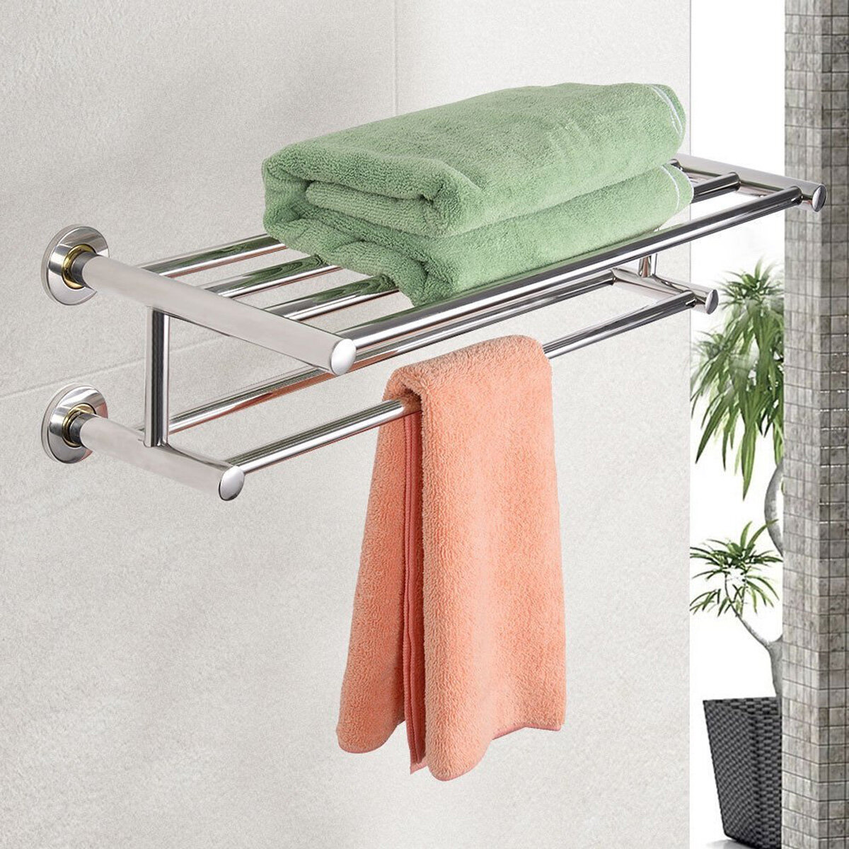 304 Stainless Steel Double Tiers Towel Rail Rack Shelf Wall Mounted Bathroom