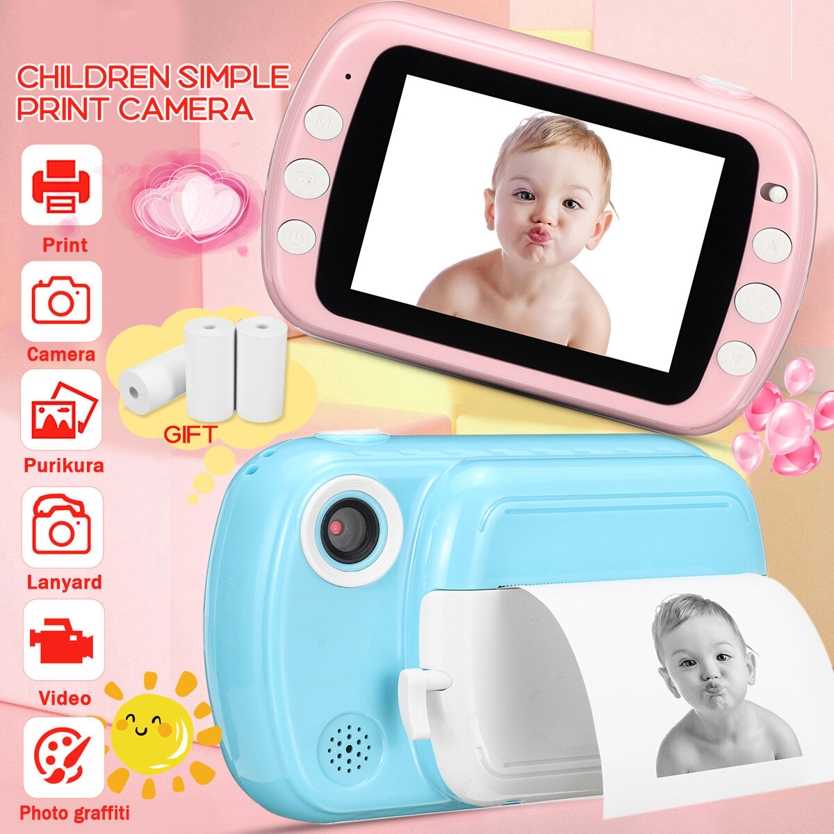 1200mAh HD Children Digital Camera Video Printer 3.5 inch Eye-Protection Screen Instant Printing Kid