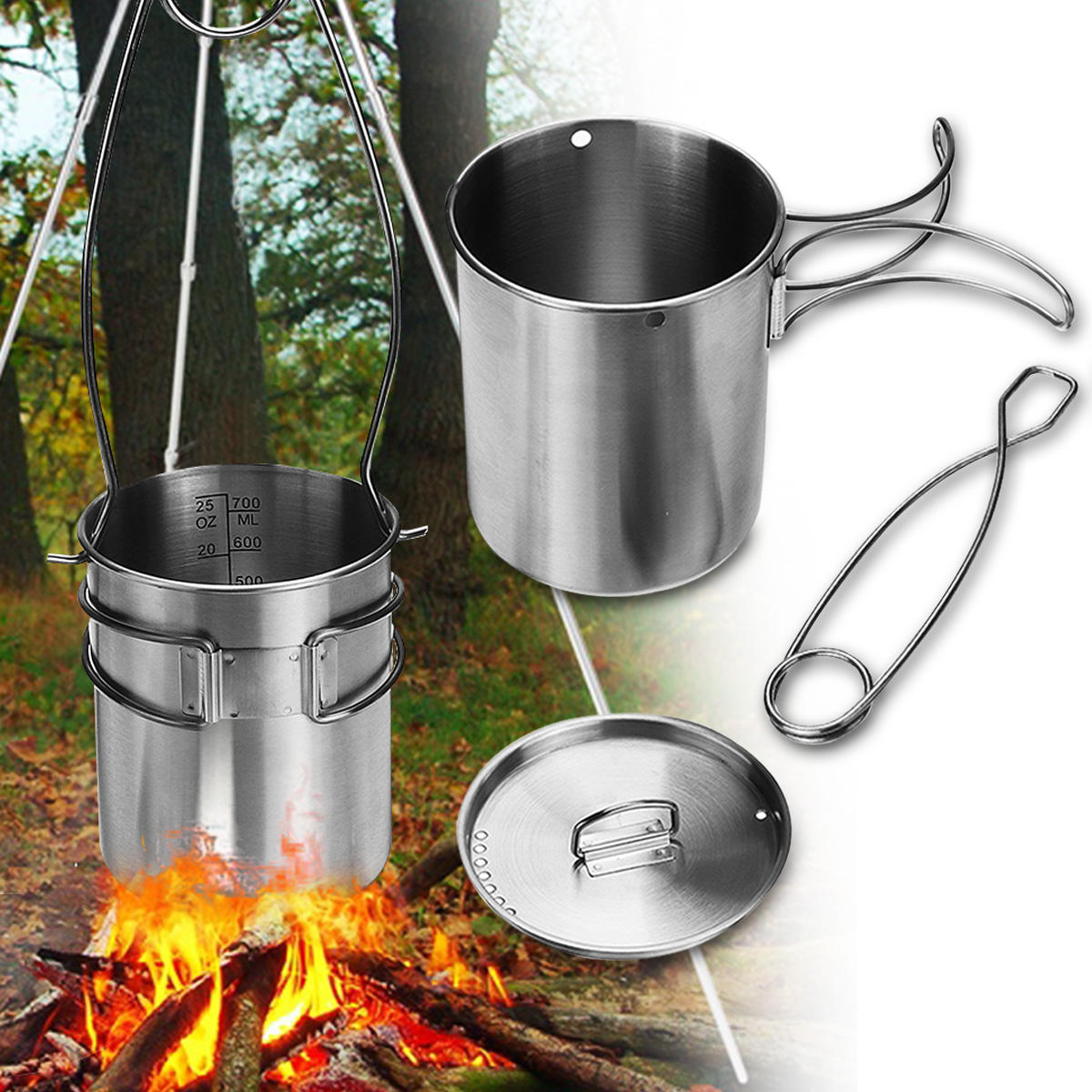 750ml Portable Outdoor Camping Water Cup Water Mug Picnic Food Pot With Foldable Handle Hook