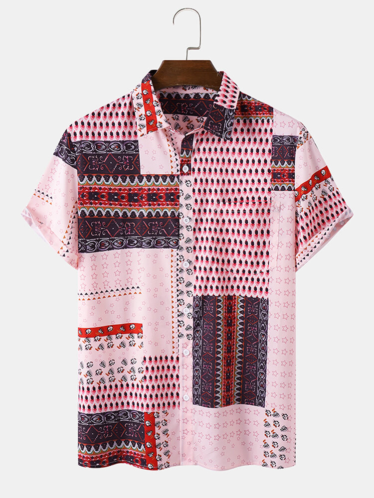 

Mens Ethnic Scarf Print Short Sleeve Hem Cuff Lapel Shirts