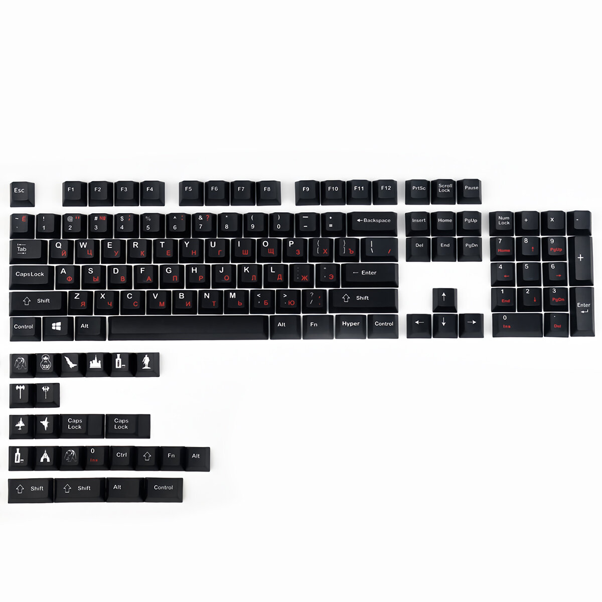 128 Keys Russian Keycap Set Cherry Profile Five-sided Sublimation PBT Black Keycaps for Mechanical Keyboards