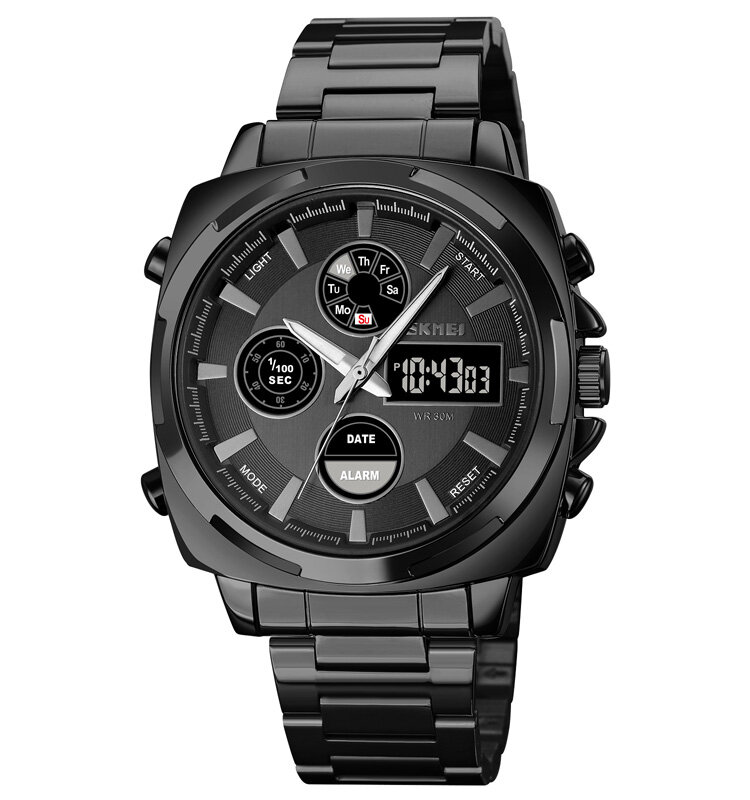 SKMEI 1673 Fashion LED Light Digital Watch Stainless Steel Strap 3ATM Waterproof Men Dual Display Watch