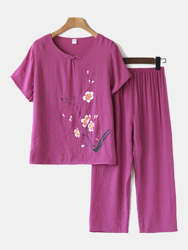Mulheres Plus Tamanho Flores Imprimir Loungewear Set Botão de mandarim respirável Pijama solto