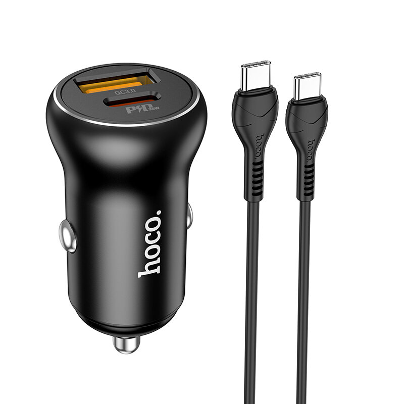 

HOCO NZ5 PD 30W QC 3.0 Dual Port USB + Type-C Fast Charging Car Charger Adapter with 1M Type-C to Type-C Cable For iPhon