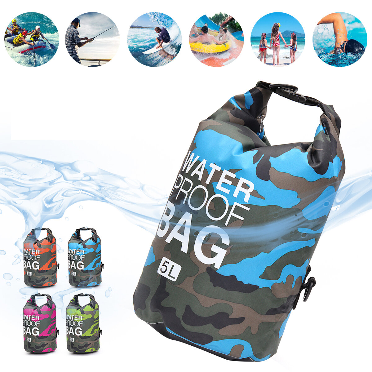 5L防水ドライバッグ、折りたたみ式圧縮バッグ、カヤック、水泳、ボート、サイクリング用のポリエステル携帯電話ポーチ